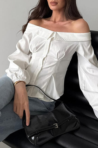 Sexy Solid Color Buttons Off Shoulder Tops