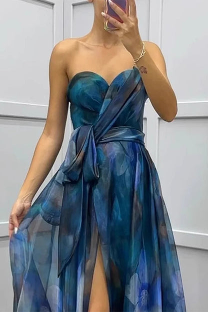 Sexy Prom Floral Print Lace Up Slit Contrast Strapless Evening Dresses