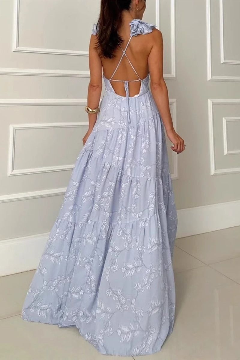 Elegant Flowers Backless Strap Design V Neck Long Dresses