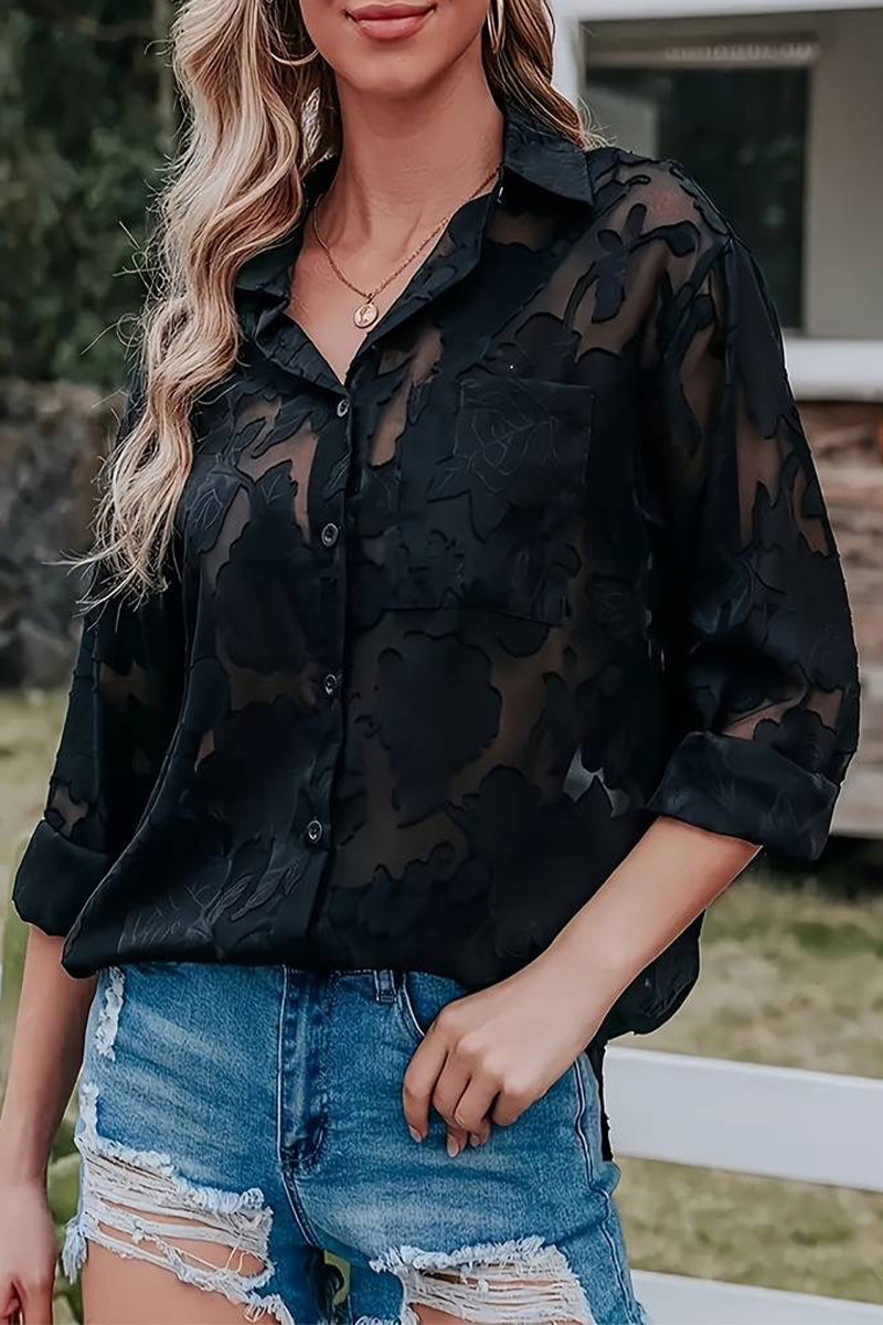 Casual Jacquard Patchwork Turndown Collar Plus Size Tops