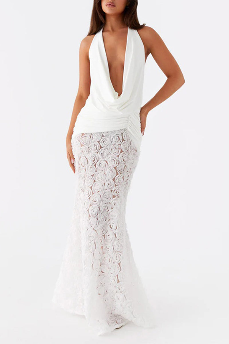 Sexy Flowers Lace Up Backless Halter Long Dresses