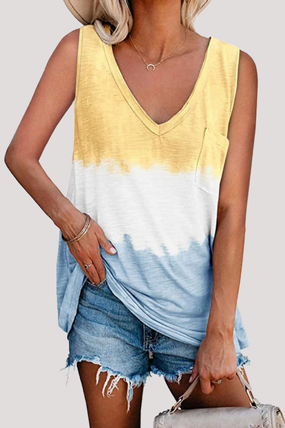 Casual Patchwork Tie Dye Pocket V Neck T-Shirts(5 Colors)