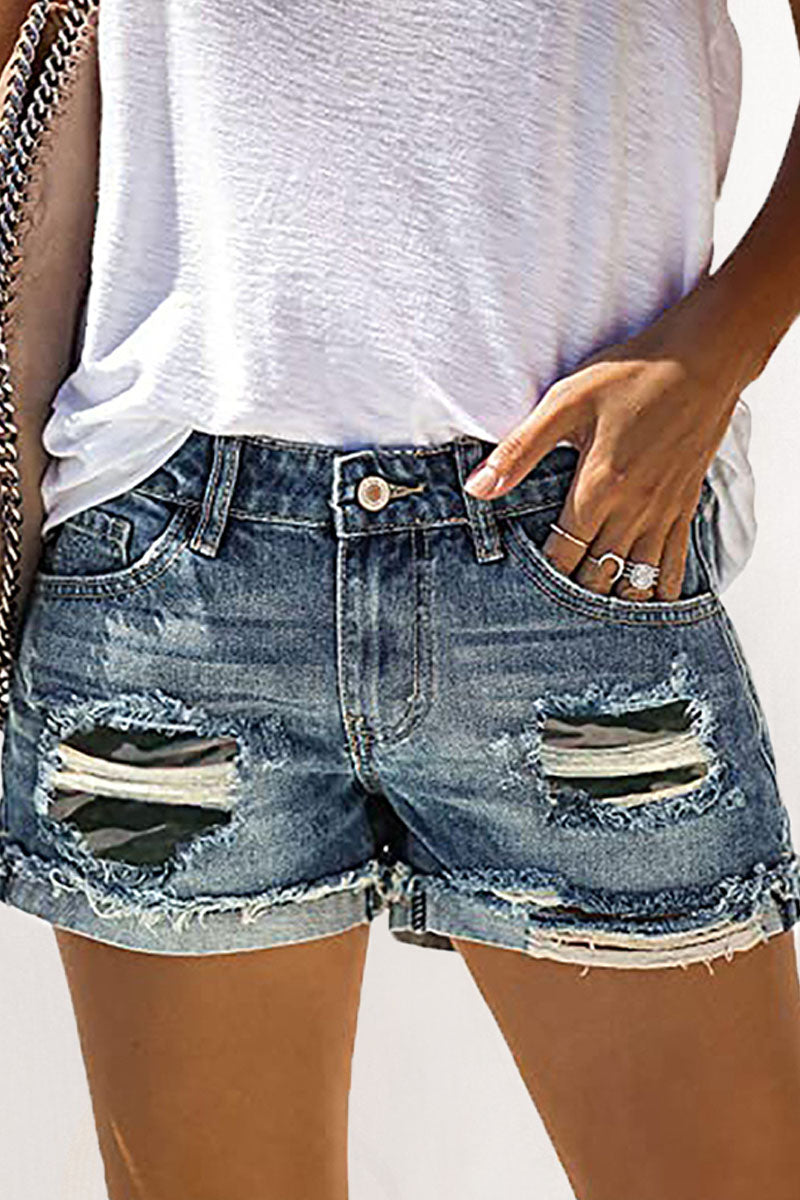 Fashion Street Patchwork Ripped Mid Waist Straight Denim Shorts(4 Colors)