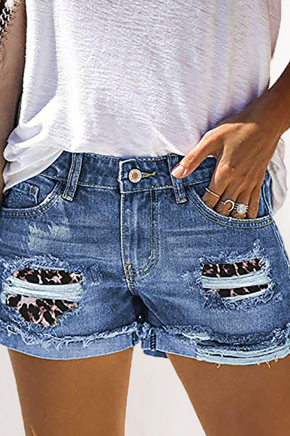 Fashion Street Patchwork Ripped Mid Waist Straight Denim Shorts(4 Colors)