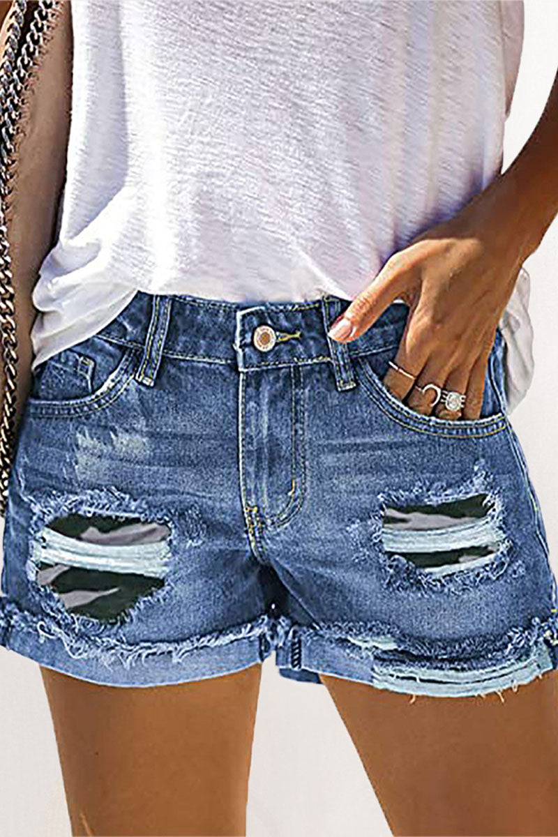 Fashion Street Patchwork Ripped Mid Waist Straight Denim Shorts(4 Colors)