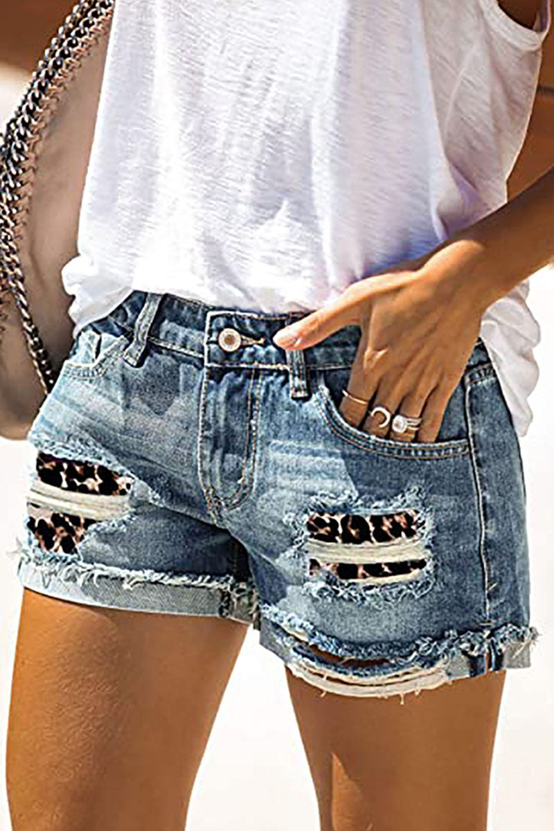 Fashion Street Patchwork Ripped Mid Waist Straight Denim Shorts(4 Colors)