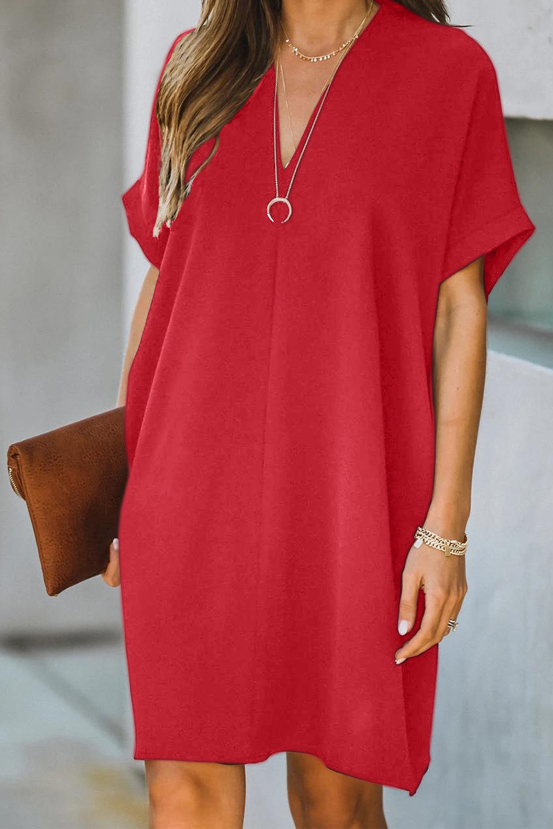 Casual Solid Patchwork V Neck Straight Dresses(3 Colors)