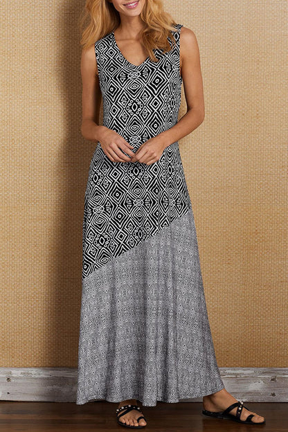 Fashion Elegant Print Patchwork V Neck A Line Dresses