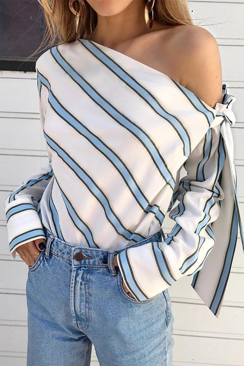 Fashion Elegant Striped Patchwork Strap Design Oblique Collar Tops