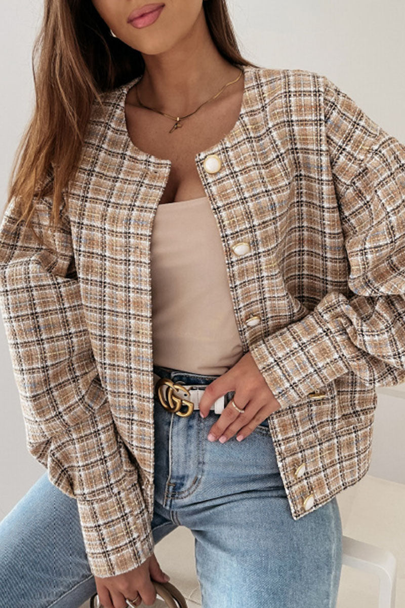 Fashion Street Plaid Patchwork O Neck Outerwear