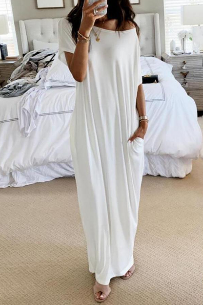 Casual Solid Pocket Slit O Neck Dresses