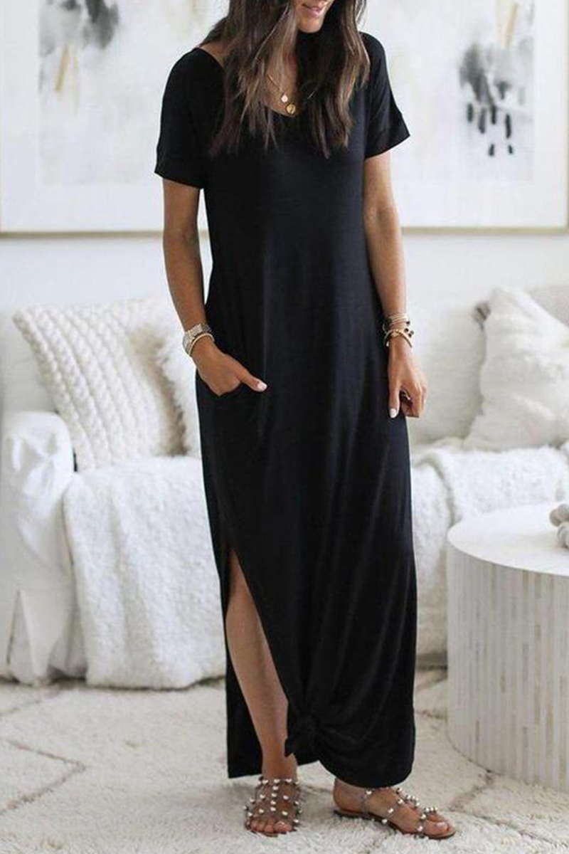 Casual Solid Pocket Slit O Neck Dresses