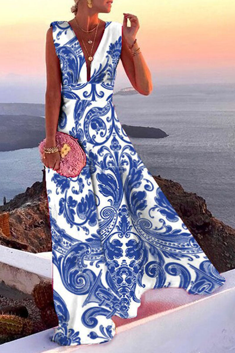 Fashion Simplicity Print Patchwork V Neck A Line Dresses(5 Colors)