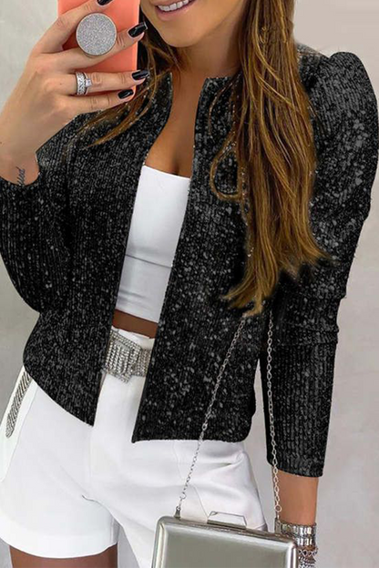 Fashion Solid Sequins Patchwork O Neck Outerwear