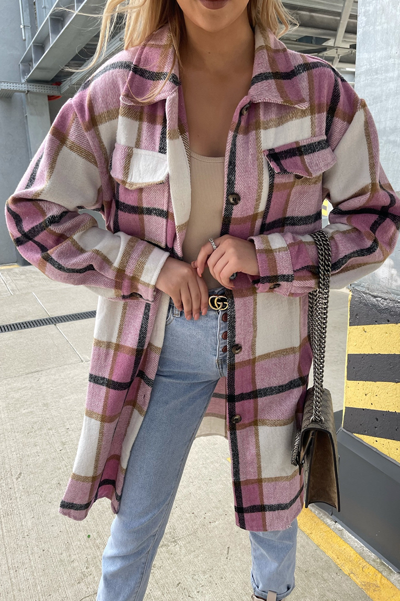 Casual Plaid Patchwork Buckle Turndown Collar Outerwear