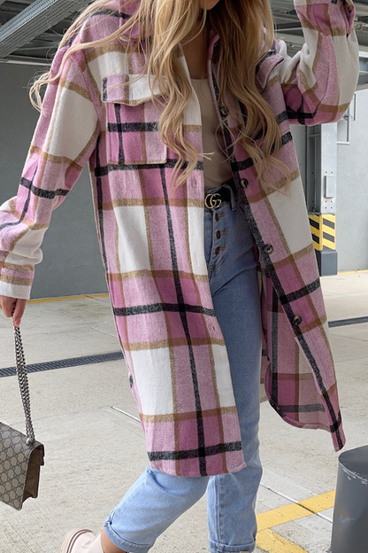 Casual Plaid Patchwork Buckle Turndown Collar Outerwear