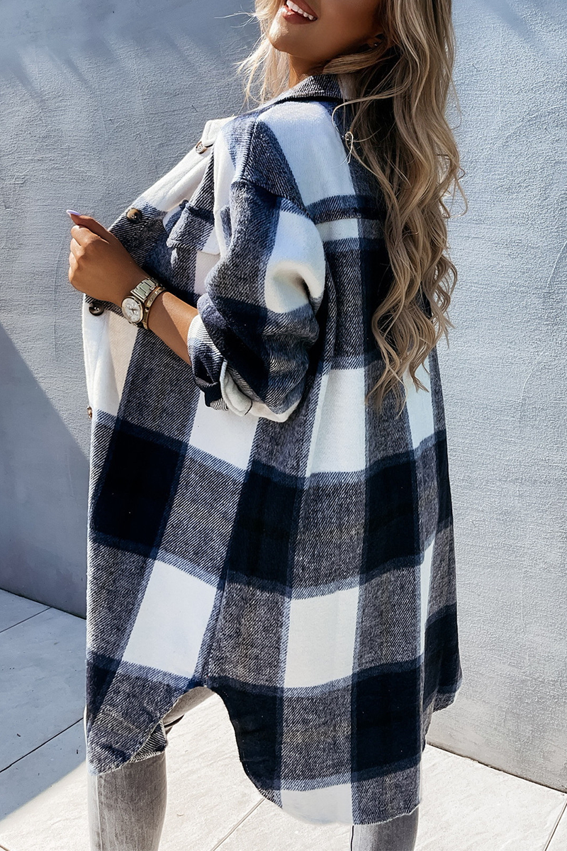 Casual Plaid Patchwork Buckle Turndown Collar Outerwear