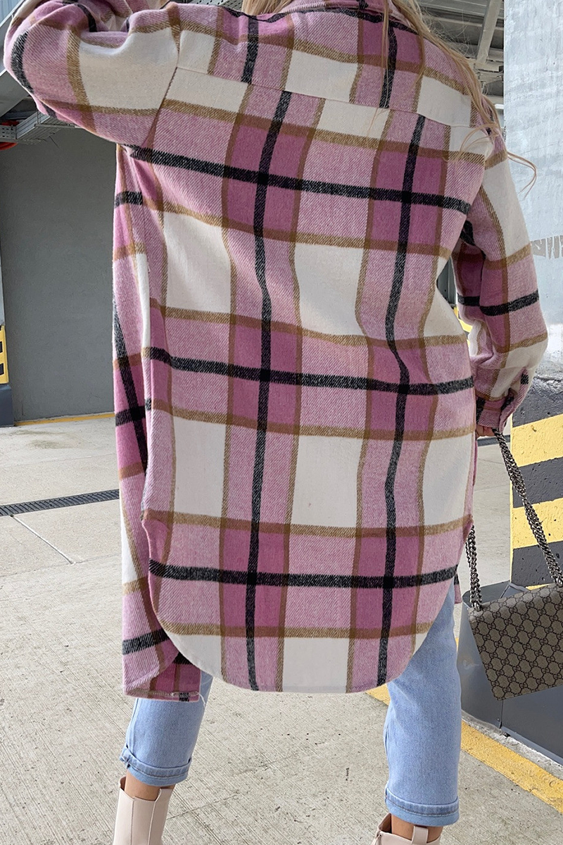 Casual Plaid Patchwork Buckle Turndown Collar Outerwear