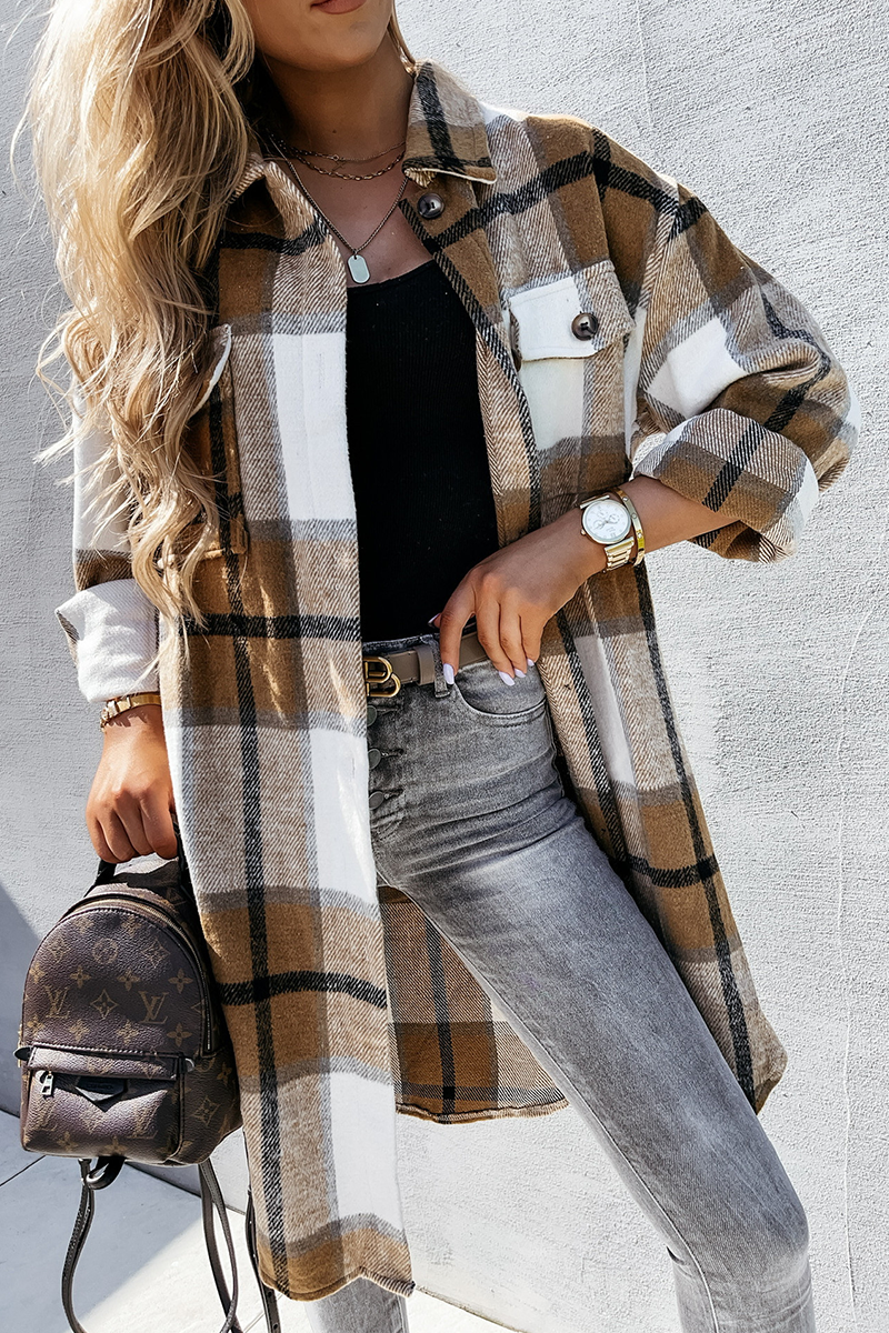 Casual Plaid Patchwork Buckle Turndown Collar Outerwear