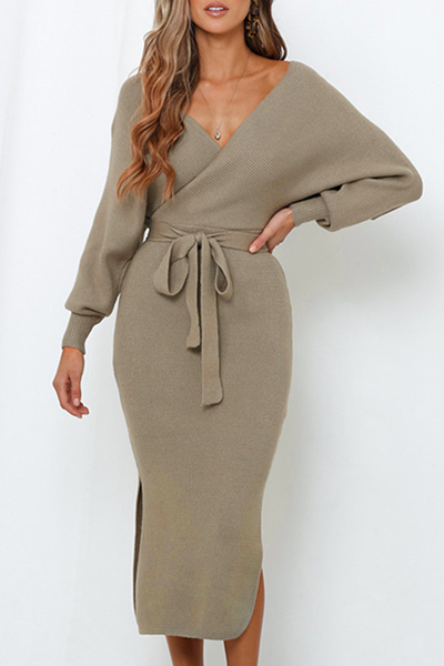 Casual Elegant Solid Backless Slit Strap Design V Neck Pencil Skirt Dresses(5 Colors)