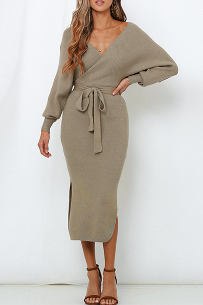 Casual Elegant Solid Backless Slit Strap Design V Neck Pencil Skirt Dresses(5 Colors)