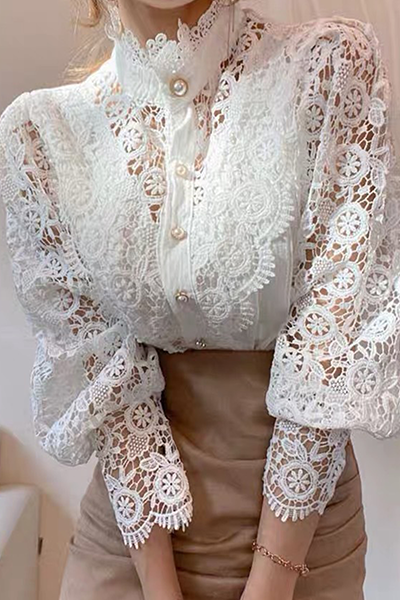 Elegant Patchwork Lace Hollowed Out Buckle Mandarin Collar Tops(3 Colors)