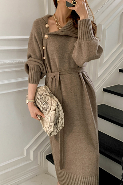 Casual Elegant Solid Buckle With Belt Turtleneck Dresses