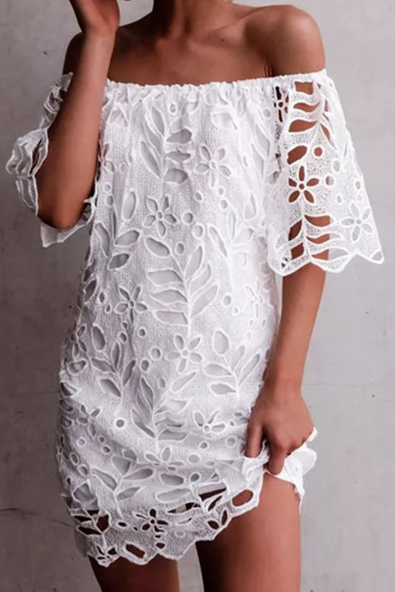 Elegant Solid Lace Hollowed Out Off the Shoulder Dresses