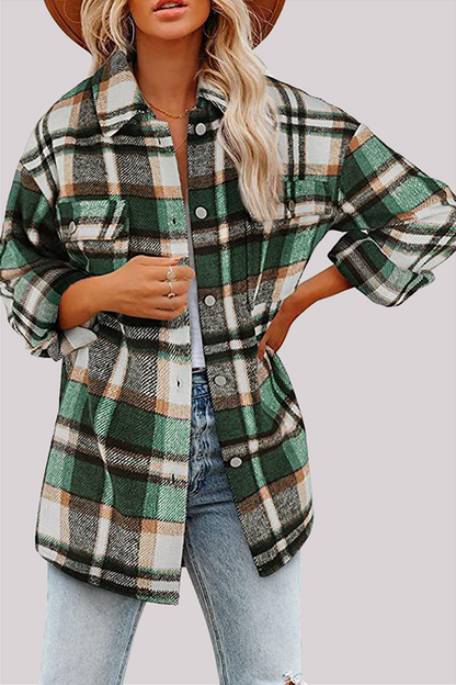 Casual Plaid Pocket Buckle Turndown Collar Outerwear