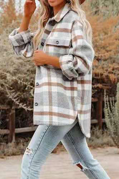 Casual Plaid Pocket Buckle Turndown Collar Outerwear