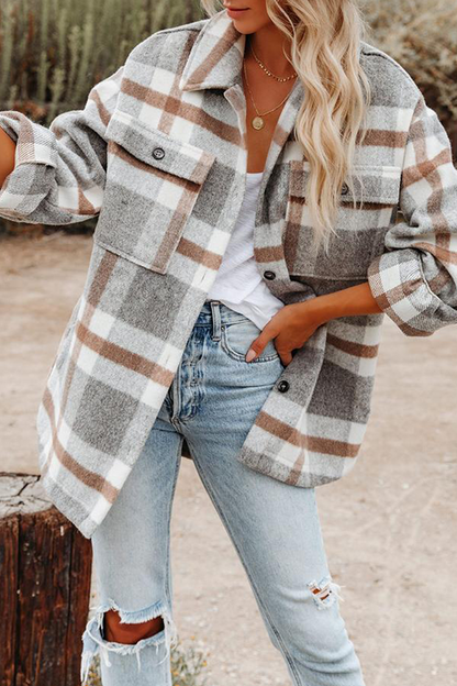 Casual Plaid Pocket Buckle Turndown Collar Outerwear