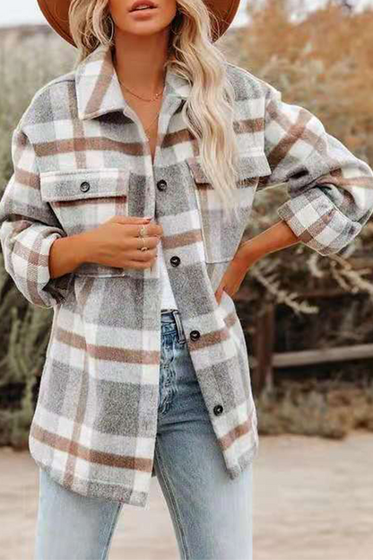 Casual Plaid Pocket Buckle Turndown Collar Outerwear