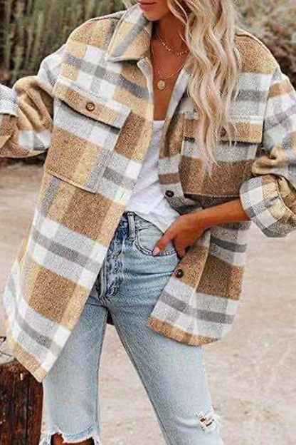 Casual Plaid Pocket Buckle Turndown Collar Outerwear