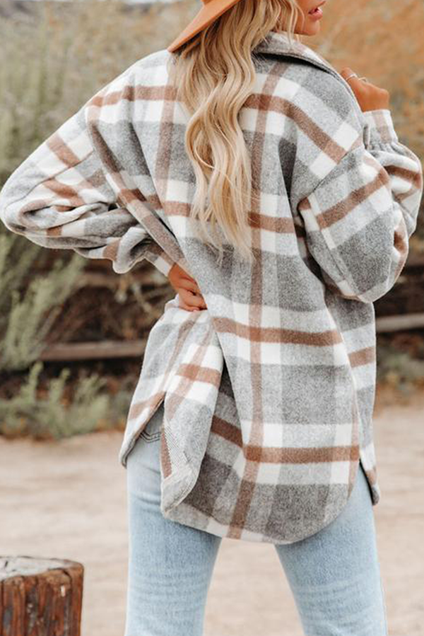 Casual Plaid Pocket Buckle Turndown Collar Outerwear