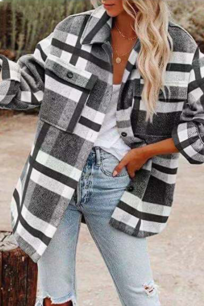 Casual Plaid Pocket Buckle Turndown Collar Outerwear