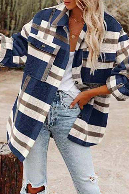 Casual Plaid Pocket Buckle Turndown Collar Outerwear