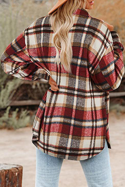 Casual Plaid Pocket Buckle Turndown Collar Outerwear