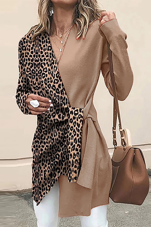 Casual Elegant Leopard Patchwork Strap Design V Neck Outerwear