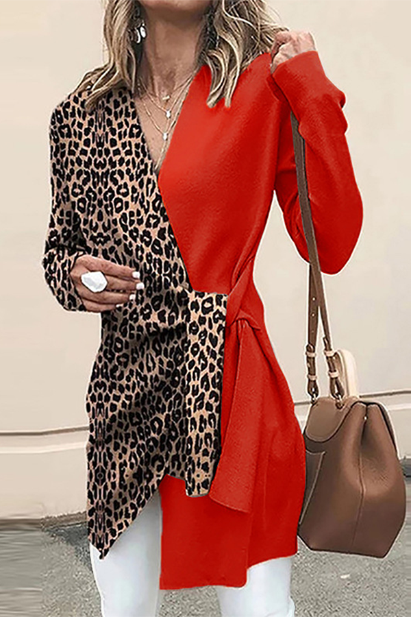 Casual Elegant Leopard Patchwork Strap Design V Neck Outerwear