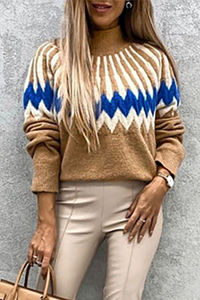 Casual Geometric Patchwork Contrast Turtleneck Tops