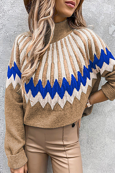 Casual Geometric Patchwork Contrast Turtleneck Tops