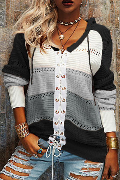 Casual Patchwork Draw String Cross Straps Contrast Hooded Collar Tops