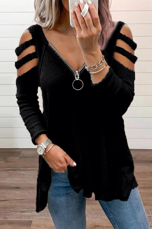 Casual Solid Hollowed Out Zipper V Neck Tops