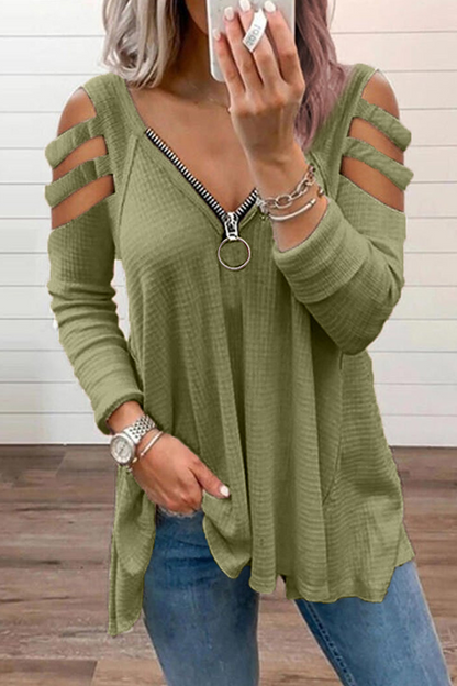 Casual Solid Hollowed Out Zipper V Neck Tops