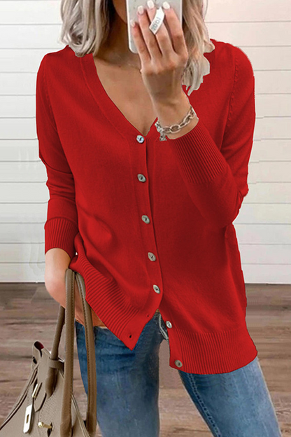 Casual Solid Patchwork Buckle V Neck Tops Sweater(12 Colors)