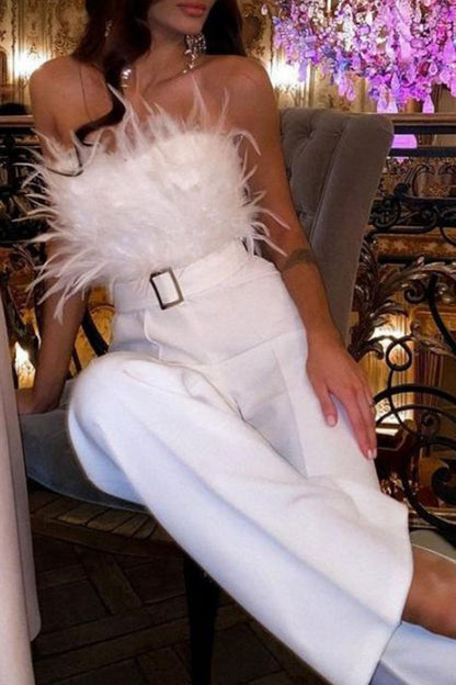 Sexy Solid Patchwork Feathers With Belt Strapless Straight Jumpsuits(Contain The Belt)