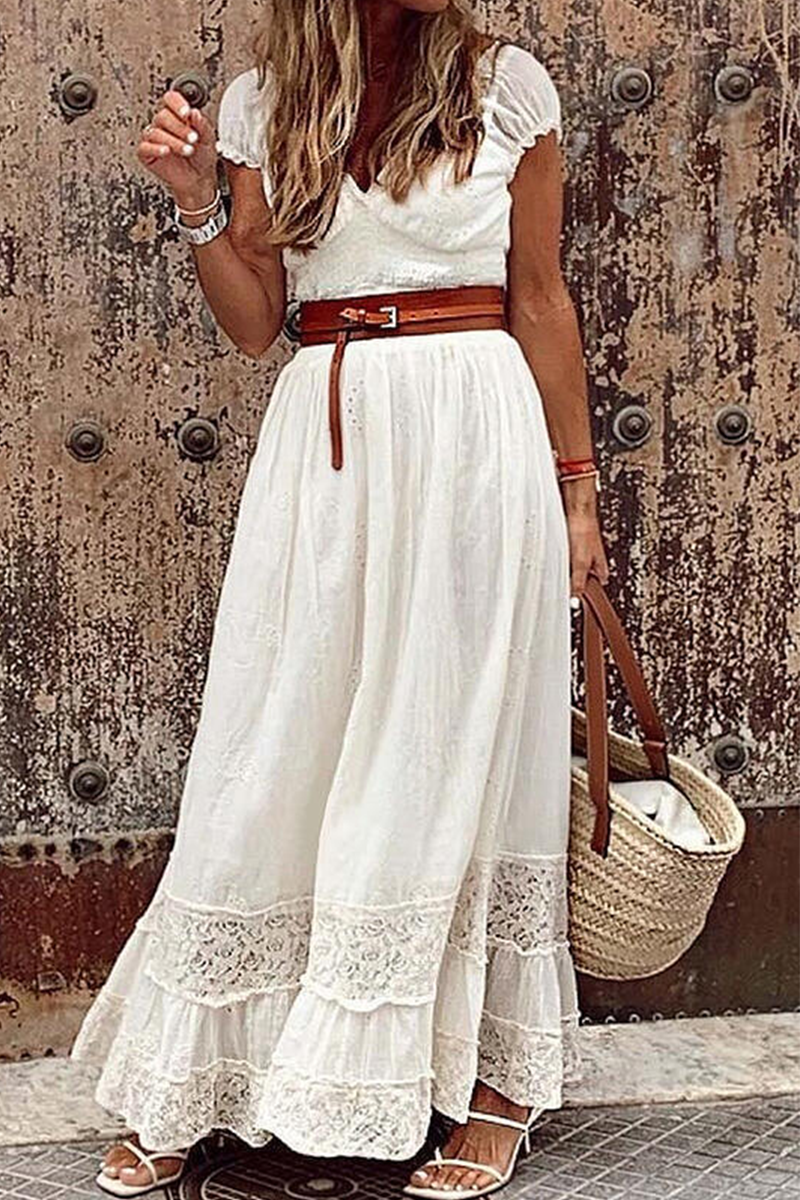 Casual Solid Patchwork V Neck Waist Skirt Dresses