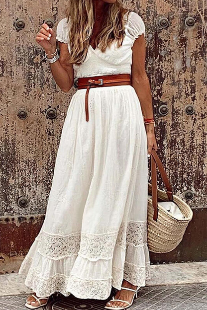 Casual Solid Patchwork V Neck Waist Skirt Dresses