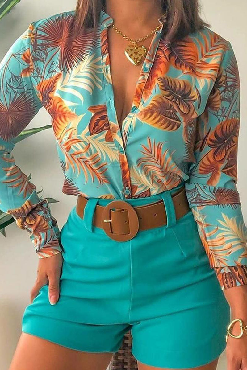 Casual Print Patchwork Buckle Turndown Collar Long Sleeve Two Pieces(9 Colors)