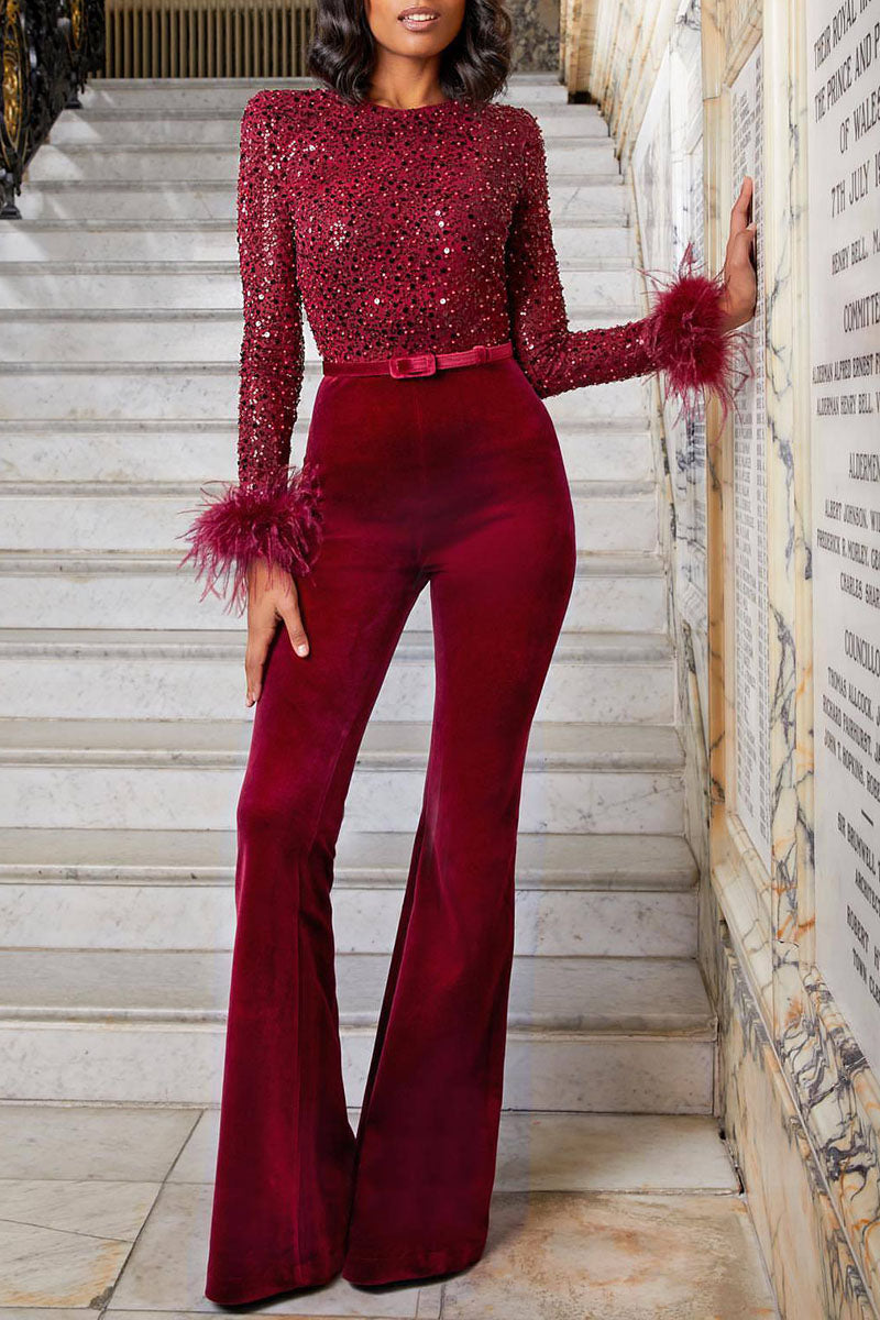 Fashion Sexy Solid Patchwork Feathers Beading O Neck Straight Jumpsuits